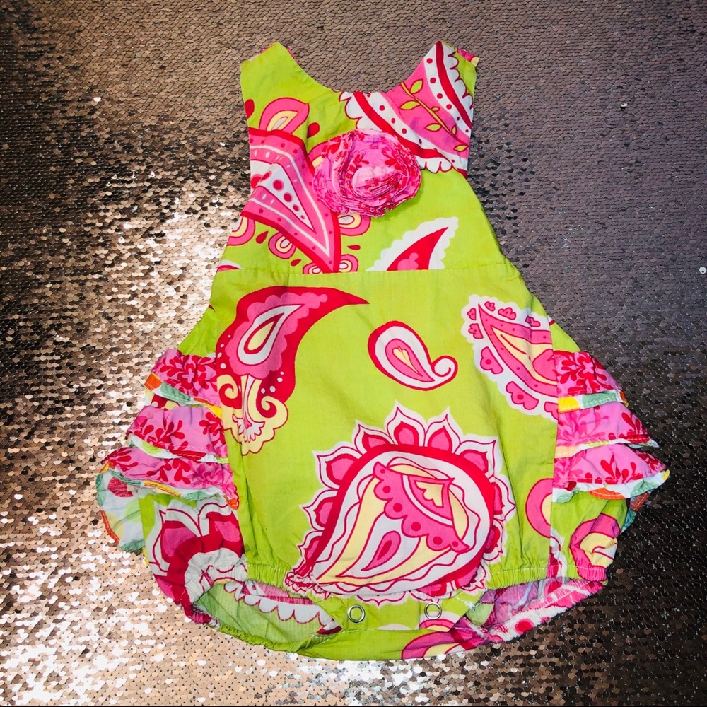 Jelly the Pug pink & lime ruffle bubble suit 🥰